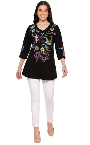 Parsley and Sage Plus - White/Multi Knit 3/4 Sleeve V-Neck Eden Embroidered Tunic - Linnea's Boutique and Vera's Threads