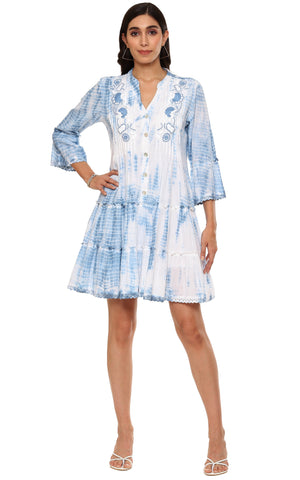 Parsley and Sage Plus - White/Blue Woven 3/4 Bell Sleeve Manderin Collar Presley  Embroidered Tie Dye Button Detail Sewn Front Pleats Tiered Lined Above Knee Dress - Linnea's Boutique and  Vera's Threads