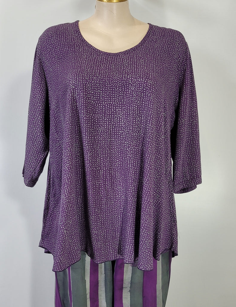 Iguana - Purple/Taupe/Grey Woven Handpanted 3/4 Sleeve Tammy 2 Pocket Tunic - Linnea's Boutique and Vera's Threads