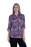 Shana Plus - Pink/Black/White Crinkle 3/4 Tab Sleeve Button Tunic Top - Linnea's Boutique and Vera's Threads