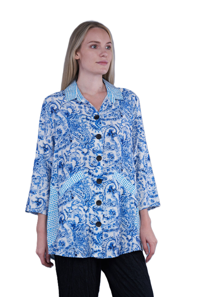 Shana Plus - White/Blue/Turquoise 3/4 Sleeve Collared 2 Pocket Printed Front Dot Detail Back Shirt - Linnea's Boutique and Vera's Threads