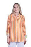 Shana Plus - White/Orange//Multi-Color Cuffed Sleeve Collared 2 Pocket Stripe Front Print Back Shirt  - Linnea's Boutique and Vera's Threads