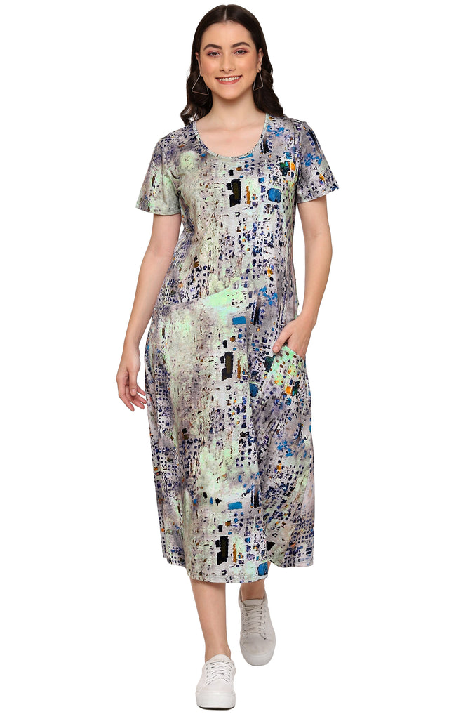 Parsley and Sage  Plus - Multi-Color Short Sleeve Banded Round Neck Lindy 2 Front Pocket Mid-Calf Dress - Linnea's Boutique and Vera's Threads