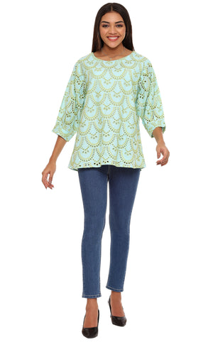 Parsley and Sage - Celery/Sage Woven Cotton 3/4 Sleeve Scoop Neck Noreen Cutout Eyelet Pattern Top