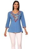 Parsley and Sage - Cobalt/Multi Cotton Knit 3/4 Sleeve Wilma Embroidered HiLo Top - Linnea's Boutique and Vera's Threads